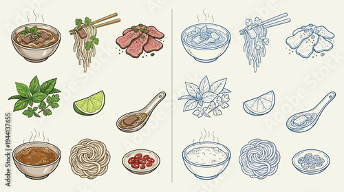 A collection of colorful and detailed illustrations of Vietnamese Pho ingredients and dishes, presented in a grid layout.