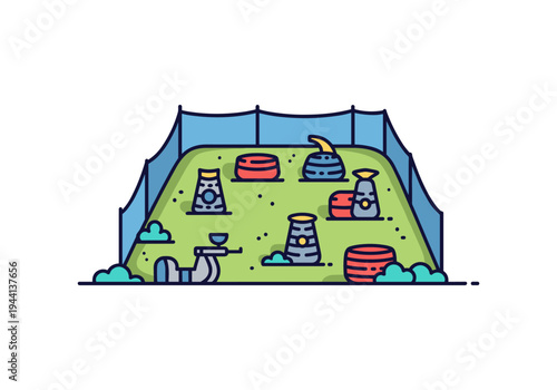 Vector illustration of a colorful paintball field with obstacles and netting