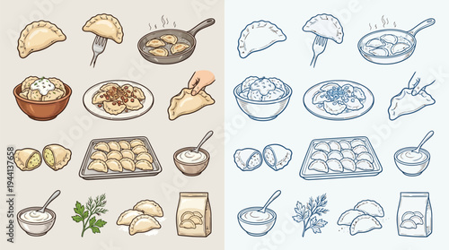 Collection of illustrations depicting various stages of preparing and serving pierogi, a traditional Eastern European dumpling.