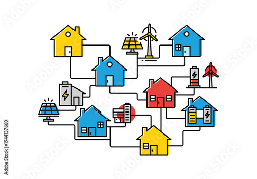 Smart grid concept with houses connected to renewable energy sources and batteries