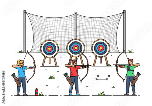 Three archers practicing their aim at targets on a sunny day with a net in the background
