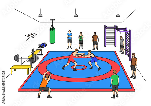 Wrestling training session in a gym with various exercise equipment and athletes practicing