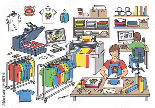 T-shirt printing workshop with heat press, plotter, and design computer