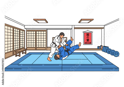 Martial arts athletes practice judo throws on a blue mat in a traditional dojo setting
