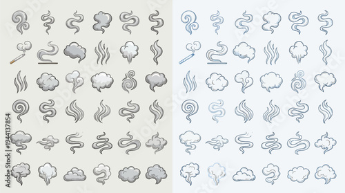 Collection of stylized smoke and cloud illustrations in various shapes and forms, presented in two distinct color palettes.