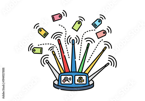 Wireless router broadcasting colorful tags with signal waves, representing data transmission