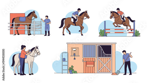 Various scenes of equestrian activities including horse riding training jumping grooming and cleaning the stable environment.