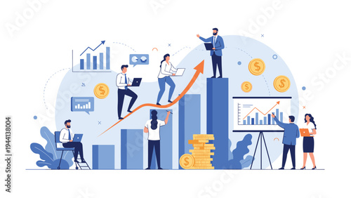 Successful business professionals celebrating financial growth and teamwork with rising bar charts and golden dollar coins.