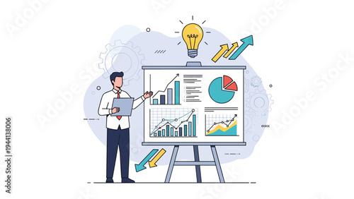 Confident businessman presenting innovative ideas and financial statistics on a flipchart during a corporate strategy meeting.