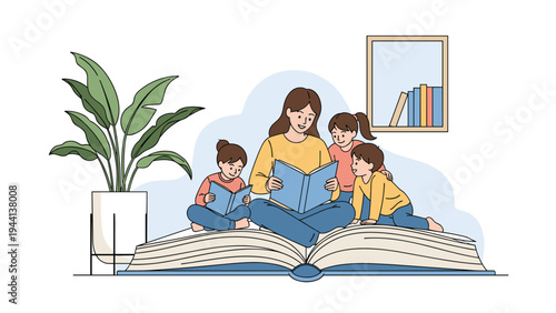 Dedicated teacher reading a book to a group of children while sitting on a giant open book in a creative library setting.