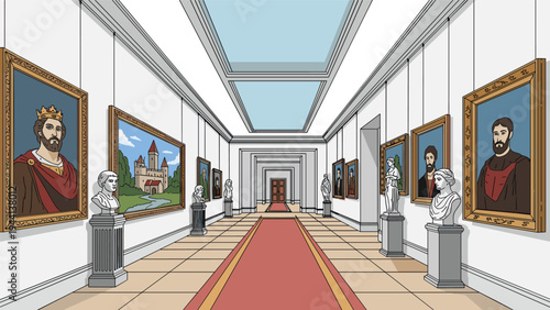 Elegant hallway in a classic art museum featuring historical portraits in gold frames and marble sculptures on stone pedestals.