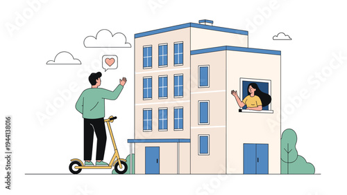 Man riding an electric kick scooter on a city street waving to a woman looking out of a window in a modern residential building.