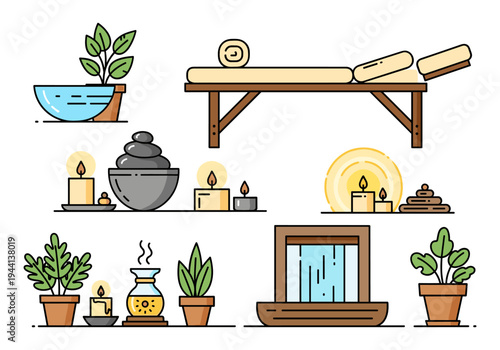 Relaxing spa elements including massage table, candles, stones, plants, and diffuser