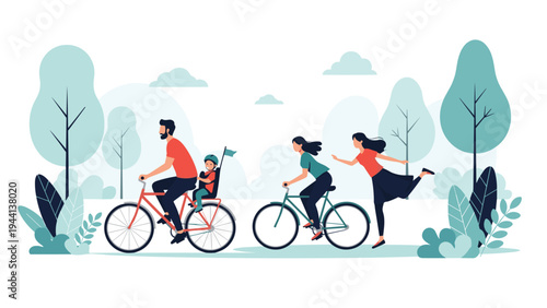 Active family enjoying a sunny day cycling through a green park with a young child in a safety seat on the back of a bike.