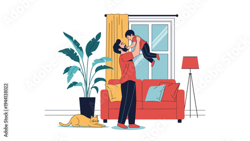 Happy father lifting his young son in a bright living room while a ginger cat rests on the floor nearby during family time.