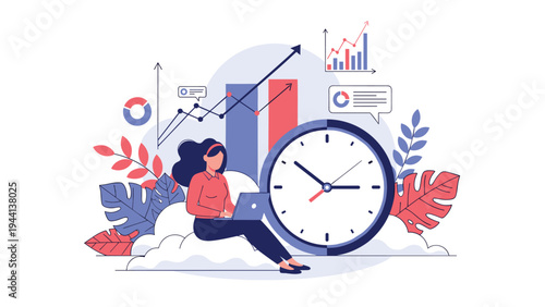 Busy woman working on her laptop while surrounded by business data visualizations and a giant clock representing time management.