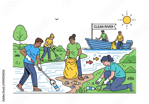 Diverse group of volunteers cleaning up a river and its banks, promoting environmental awareness