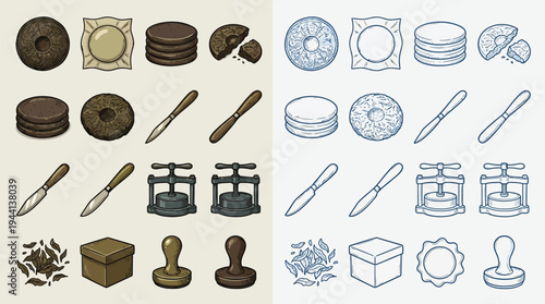 Collection of vintage-style illustrations depicting baking and confectionery tools and ingredients, presented in two color palettes.