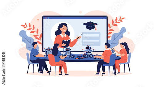 Young students participating in a robotics workshop with an online teacher guiding them through a large screen in the classroom.