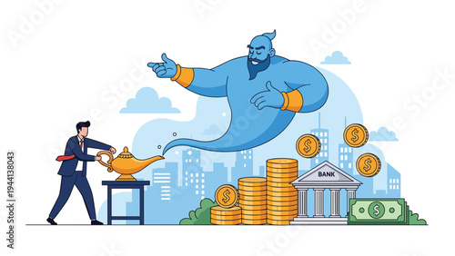 Businessman rubbing a magic golden lamp as a blue genie emerges to grant wishes of wealth with coins and a bank building.