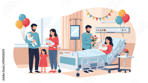 Happy family visiting a mother and her newborn baby in a decorated hospital maternity ward room with balloons and flowers.