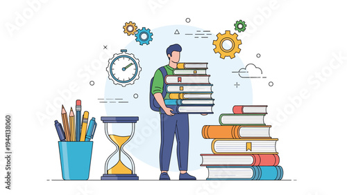 Determined male student carrying a massive stack of textbooks surrounded by school supplies and time management metaphors.