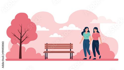 Two young female friends walking together and chatting in a park with pink trees and a wooden bench during an autumn day.
