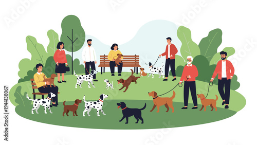 Large group of pet owners and their dogs interacting in a public park setting during a sunny day social community event.