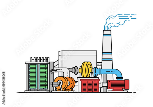 Industrial factory with smoking chimney and complex machinery, clean line art illustration