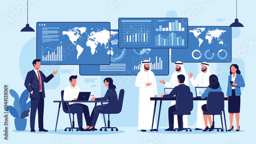 Diverse international team of business professionals working together in a high-tech control room with global data screens.