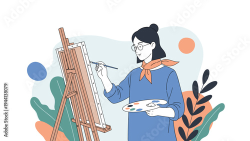 Talented young woman artist wearing glasses and a scarf painting a colorful abstract artwork on a canvas with a palette.