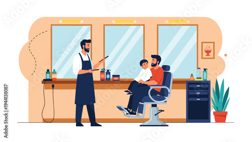 Professional barber explaining haircut options to a father who is holding his young son in a modern barbershop chair.