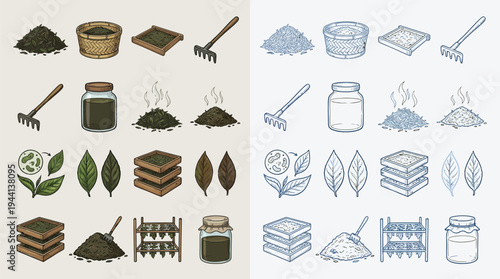 Collection of illustrations depicting the tea production process, from harvesting leaves to packaging the final product, presented in both color and monochrome.