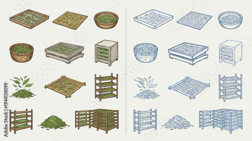 Illustration of various drying racks and trays for agricultural products, including stacked shelves and flat surfaces with piles of green material.