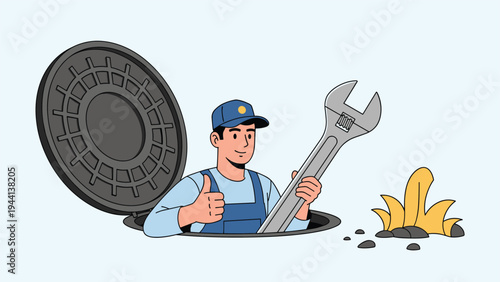Friendly plumber wearing a blue uniform gives a thumbs up while emerging from a manhole with a large adjustable wrench in his hand.