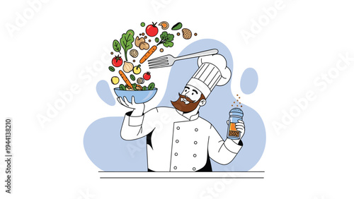 Professional chef in a white uniform tosses a variety of fresh salad ingredients into the air from a bowl with artistic culinary flair.