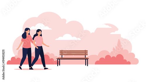 Two female friends enjoy a peaceful walk through a beautiful park with a soft pink sky and a wooden bench in the background.