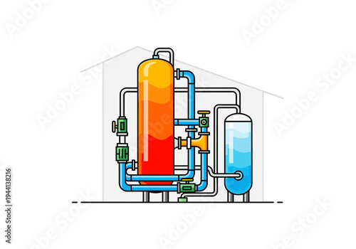 Industrial water heating and storage system with pumps and valves