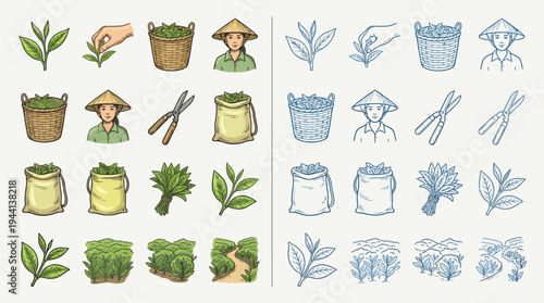 Collection of hand-drawn icons depicting the tea harvesting and processing stages, including tea leaves, workers, tools, and plantations.