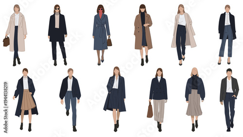 Comprehensive collection of female fashion illustrations features various elegant winter and autumn outfits including coats and boots.
