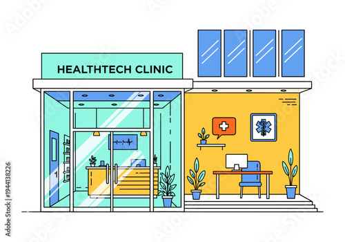 Modern healthtech clinic building exterior with reception and office area