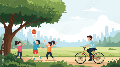 Group of happy children plays with a ball under a large tree while a boy rides his bicycle along a path in a scenic city park.