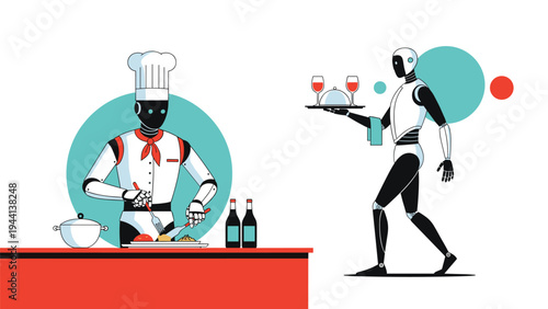 Intelligent robot chef and robot waiter work together in a futuristic restaurant kitchen to prepare and serve gourmet meals.