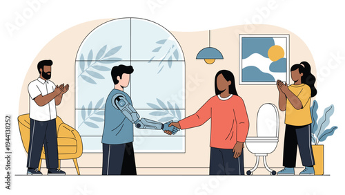 Man with a high tech robotic prosthetic arm shakes hands with a woman in a bright office while colleagues applaud in the background.