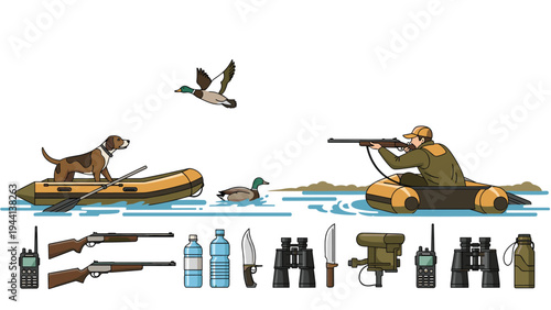 Hunter sits in an inflatable boat with his dog and various hunting equipment icons including rifles binoculars and water bottles.