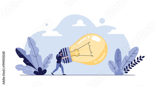 Determined man pushes a giant glowing lightbulb across a flat surface representing the effort required to bring a big idea to life.
