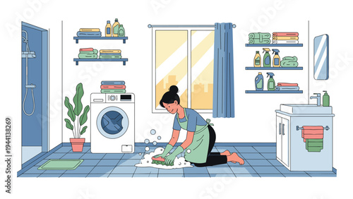 Hardworking woman in an apron and gloves scrubs the tiled floor of a clean laundry room with a sponge and soapy bubbles.