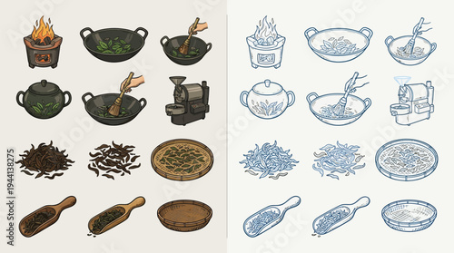 Illustration of the tea processing stages, from roasting to final product, presented in two distinct artistic styles.