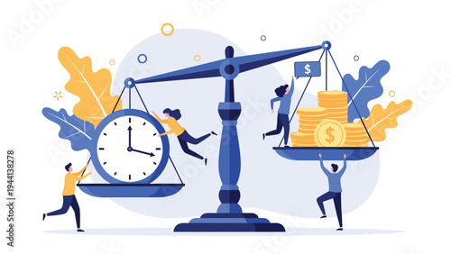 Group of business people works together to balance time on a clock against stacks of gold coins on a large pair of symbolic scales.