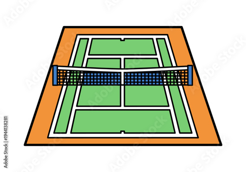 Simple illustration of a tennis court with a net and clear markings on a white background